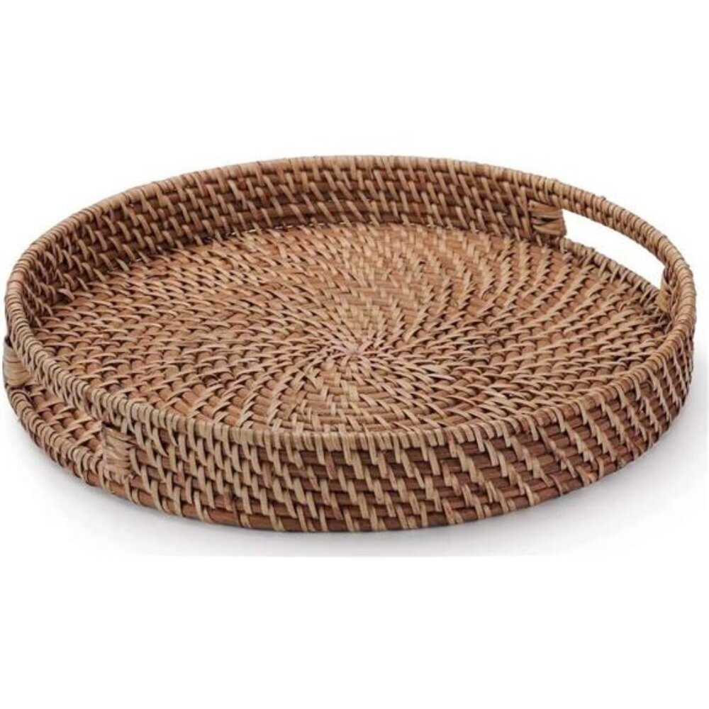 13.8 inch Rattan Tray, Round Wicker Tray with Cut-Out Handles,Woven Serving Tray